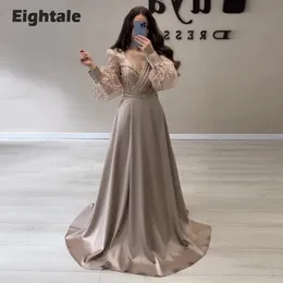 Eightale Champagne Evening Dresses Long Sleeves Sweetheart Glitter A-Line V-Neck Satin Prom Party Gown vestido de fiesta 240320