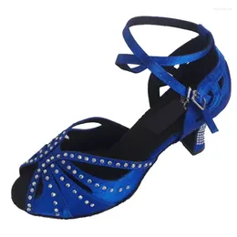 Scarpe da ballo Lady Girls Salsa latina Tacco personalizzato Punta aperta Royal Blue Evening Party Wedding Dancing con strass