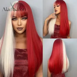 Wigs ALAN EATON Long Straight Synthetic Wigs with Bangs Half Red Half White Wig for Women Cosplay Lolita Hair Heat Resistant Fiber