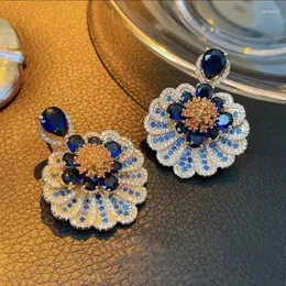 Brincos pendurados agulha de prata zircão flor azul luz francesa luxo de alta qualidade elegante temperamento joias personalizadas