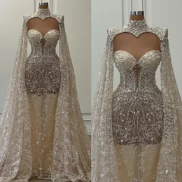 Luz champanhe gráfico sereia vestido de casamento arábia saudita beading rendas vestidos de casamento alta pescoço longo mangas inchadas luxo dubai vestidos de noiva