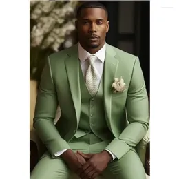 Mäns kostymer formella 3 stycken toppade lapel terno bröllop groom outfits jacka byxor väst lyxgrön smal dräkt homme