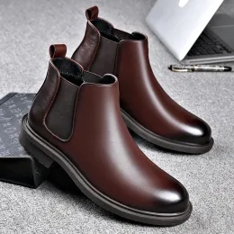 Boots Chelsea Boots Men's Business Style Low Cut Genuine Leather One Step Smoke Pipe Elevated Soft Leather Martin with Plush Platform