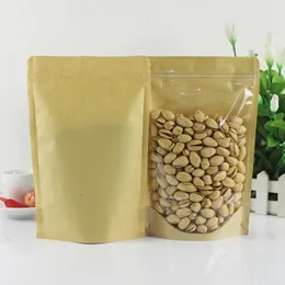 Kraft Paper Zip Lock Bags One Side Clear Stand Up Resealable Snack Coffee Beans Dates Chocolate Packaging Storage Gift