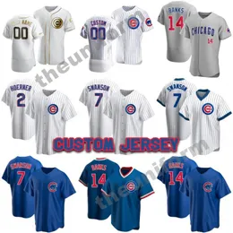 Anpassade män kvinnor ungdom spädbarn storlek s-7xl chicago 7 dansby swanson 2 nico hoerner 14 ernie banks 23 ryne sandberg 24 cody bellinger baseball jersey cubs sydd