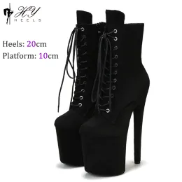 Slippers 20cm Sexy Black Platform Pole Dance Shoes Stripper Heels Suede Ankle Bootssexy Shoes Very High Heels Laces Round Head Low Leg