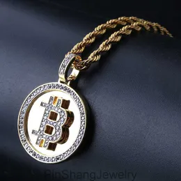 Symbol bitcoin wisiorek złoty plisowany cyrkon Inkrustowany męski naszyjnik