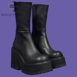 Botas Botas Botas de tornozelo para mulheres 2022 Moda gótica Botas intermediárias Design de marca feminina Black Heled Combat Booties Sapatos