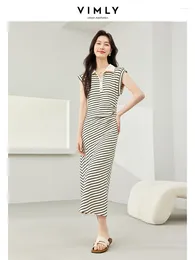 Casual Dresses Vimly Gestreiftes ärmelloses langes Kleid Frauen 2024 Mode Polokragen Seite geraffte Taille Sommer Womans Kleidung M6876