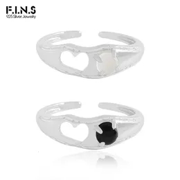 FINS Korean Original S925 Sterling Silver Round Agate Ring Irregular Hollow Heart Open Adjustable Finger Fine Jewelry 240401