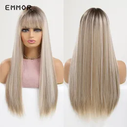 Peruki Emmor syntetyczny ombre brązowy blond peruki proste włosy z grzywką Halloween Halloween cosplay codziennie używać peruki dla kobiet