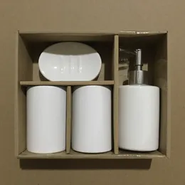 Set di quattro pezzi per WC in ceramica bianca semplice in stile europeo esplosivo, accessori per il bagno, bottiglia da bagno, tazza per gargarismi, scatola per sapone