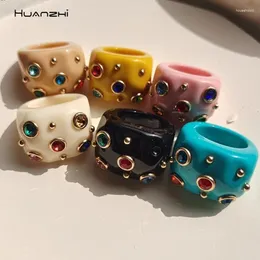 Cluster Rings HUANZHI 2024 Colorful Rhinestone Zircon Resin Acrylic Geometry For Women Girls Travel Jewelry Gifts