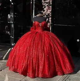 Sparkly Red Princess Quinceanera Dresses 2024 Off Shoulder Corset Boning Gillter vestido de 15 quinceanera Sweet 16 Gown