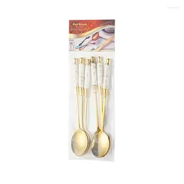 Spoons 6Pcs/Sets Stainless Steel Coffee Spoon Long Ceramic Handle Icecream Dessert Teaspoon Metal Gold Cake Milk