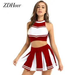 Sexy School Girl Cheerleader Costume Kobiety dla dorosłych cheerleaderek munduru tańczący strój bez rękawów z mini plisowaną spódnicą 240319