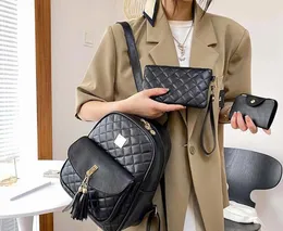 Рюкзак, стильный женский кожаный рюкзак с кисточками, модные дорожные сумки на плечо с ромбовидной решеткой для девочек с кошельком, сумка для карт