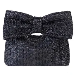 Women Straw Evening Bag Zipper Closure with Bow Weaving Clutch Produesile Party Party Wedding 240402