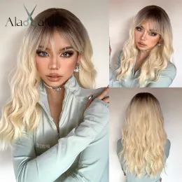 Wigs ALAN EATON Long Blonde Wavy Synthetic Wigs with Bangs Ombre Light Blonde Wig for Women Cosplay Natural Hair Wig High Temperature