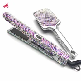 Irons Hair Straightener& Brush Set With Rhinestones alisador de cabello glam LCD tempterature Setting Aparatos de peinado del cabello