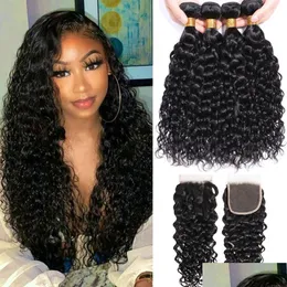 Synthetische Perücken Indische Wasserwelle Bundles mit Verschluss Nasses und gewelltes lockiges menschliches Haar 12A Remy Weave 3 Frontal 13x4 Drop Lieferung Produkt Ot8Lo