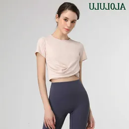 Al0lulu Yoga Outfits Short-Sleeve 티셔츠 빠른 마른 패브릭 통기성 여성 최고 짧은 배꼽 쇼 러닝 스포츠 요가 탑