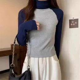 Женские футболки B36D, женский свитер реглан с длинным рукавом и высоким воротом, вязаный в рубчик укороченный топ с цветными блоками