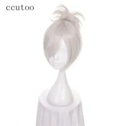 Wigs ccutoo 12" LOL Riven Silver White Short Synthetic Wig Cosplay Costume Wig With Chip Ponytail Heat Resistance Fiber