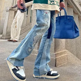 Mäns jeans västra hål rippade raka baggy män flare byxor lapptäcke nödställda tvättade vintage lös punk denim byxor