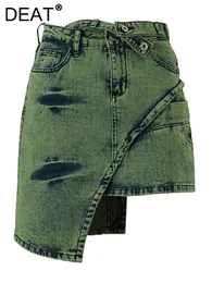 DEAT Mode Damen Rock Hohe Taille Asymmetrische Schärpen Tie Dye Streetwear Über Knie Denim Röcke Sommer 2024 17A1759 240315