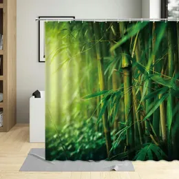 Cortinas de chuveiro planta floresta cortina de bambu verde paisagem natural luz solar fluxo de água ponte banheiro casa pano decorativo lavável