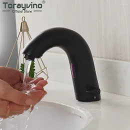 Смесители для раковины в ванной комнате Torayvino матовый черный автоматический сенсорный смеситель для раковины из твердой латуни, смеситель для установки на палубе, водопроводный кран