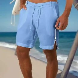 Erkek Şort Erkek Şort Moda 2024 Katı Drstring Plajı Pantolon Vintage Pamuk Keten Nefes Alabilir Erkek Yaz Side Fermuar Spor Pantolon Kısa