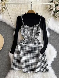 Vestidos casuais elegante houndstooth xadrez vestido de lã mulheres outono inverno espaguete cinta mini streetwear sundress