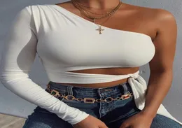 Women039s TShirt Sexy Solid One Shoulder Tshirts Women Long Sleeve Crop Tops Fashion 2021 Summer CutOut Laceup Backless Str5308289