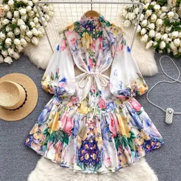 Casual Dresses Summer Designr Runway Linen Dress Women Stand Neck Long Sleeve Single Breasted Floral Print Belt Lace Up Boho Minid Vestidos