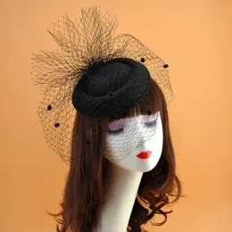 Kvinnor kände fascinator hatt mesh slöja liten plysch vågpunkt dekor hårklipp bröllop brud cocktail huvudbonader