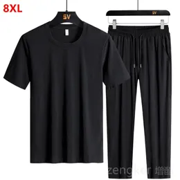 Plus size sports suit mens ice silk short sleeve Tshirt summer running speed dry twopiece set tracksuit men 8XL clothing 240402