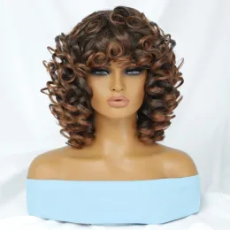 가발 Ombre Brown Short Afro Curly Wigh With Bang for Women Synthetic Black Blue Cosplay Wigs Halloween Glueless Heatsance