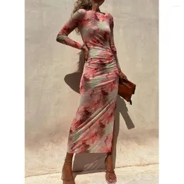 Casual Dresses O Neck Sexy Bodycon Dress Women Long Sleeve High Split Vacation Party Elegant Tie-dye See-through Mesh