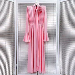 Casual Dresses JAMERARY 2024 Summer Runway Designer Holiday Ruched Women Flower Rose Collar A Line Chiffon Solid Long Seeve Maxi Robe