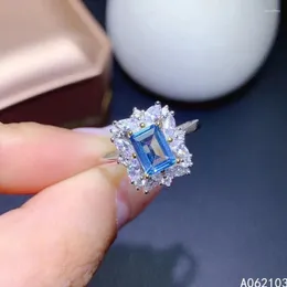 Кольца кластера KJJEAXCMY Ювелирные изделия из стерлингового серебра 925 пробы с инкрустацией из натурального синего топаза, женское изысканное милое квадратное регулируемое кольцо с драгоценным камнем