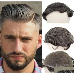 Syntetyczne peruki 40 SZARE Human Hair Mens Toupee Indian Remy System wymiany 6 cali kręconych dla mężczyzn francuska koronkowa do włosów 6710052 Drop DH7AP