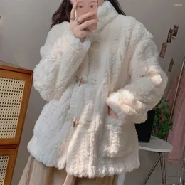 Women's Jackets Coats Women Solid Stand Collar Lamb Wool Coat Horn Button Casual Loose Thick Warm Full Sleeve Splice Outerwear 2024