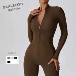 Dancefish Women Zipper Naken Långärmad högintensiv träning One Piece Leotard Fitness Dance Gym Aerial Yoga Jumpsuit 240322