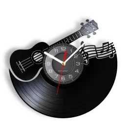 Chitarra Chiave di violino Chitarra Disco in vinile Orologio da parete Strumento musicale 3D Orologio da parete con spartito musicale con illuminazione a LED Regalo Rock N Roll