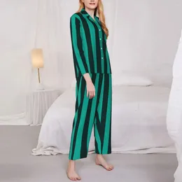 Домашняя одежда, зеленые пижамные комплекты в вертикальную полоску, весенние черные линии, повседневная одежда для сна, женская одежда из 2 предметов, костюм большого размера в стиле ретро, подарок