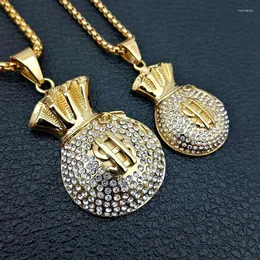 Pendant Necklaces Hip Hop Bling Iced Out Gold Color 316L Stainless Steel Euro Dollars Money Bag Pendants Necklace For Men Rapper Jewerly