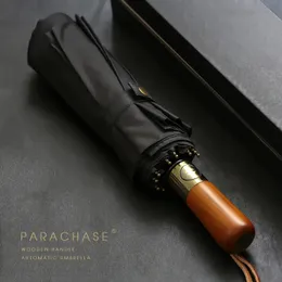 PARACHASE Grande Ombrello da Uomo Business Style 115 cm Ombrello Automatico Pioggia Doppio Strato 10K Antivento Grandi Ombrelli da Golf in Legno 240329