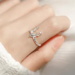 Cluster Rings Cute Romantic Plum Flower Deer Animal Adjustable Ring 925 Sterling Silver Fine Jewelry For Women Party Daily Accessories Gift